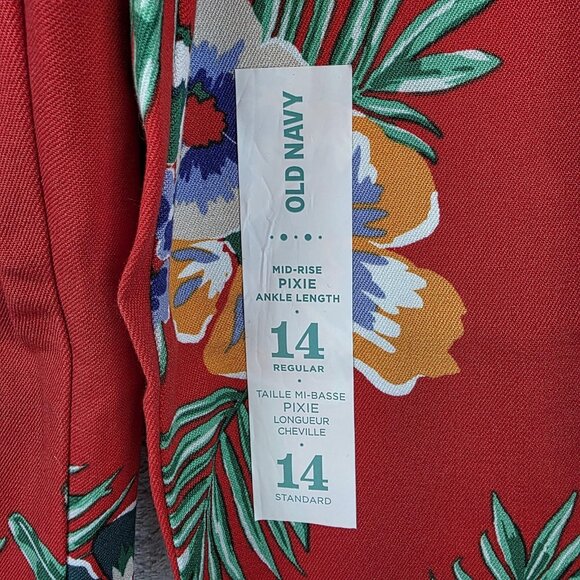 Old Navy Pixie Pants Womens 14 Red Floral Mid-Rise Ankle Length Stretch Tropical - Picture 2 of 14